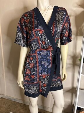 Zara Green Navy Paisley Print Dress with Red Trim